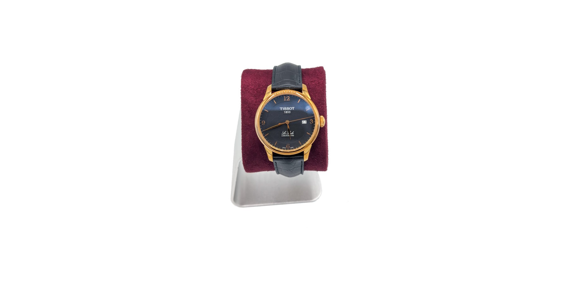 Présentoir aluminium et bordeaux et montre