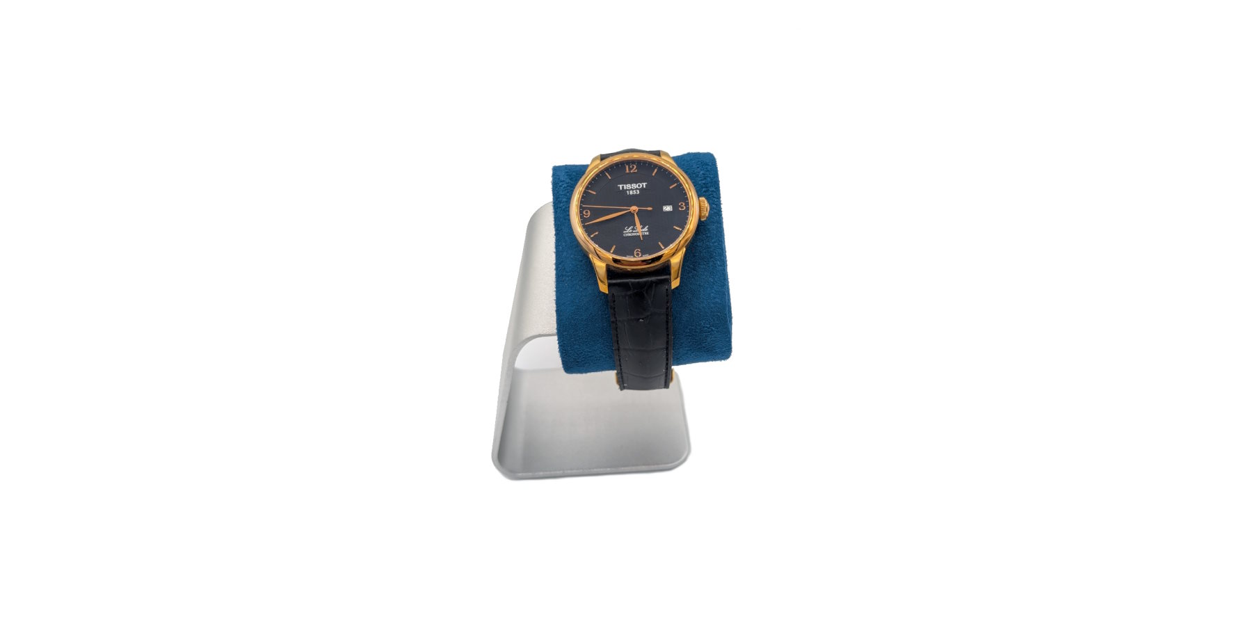Support de montre aluminium et bleu et montre