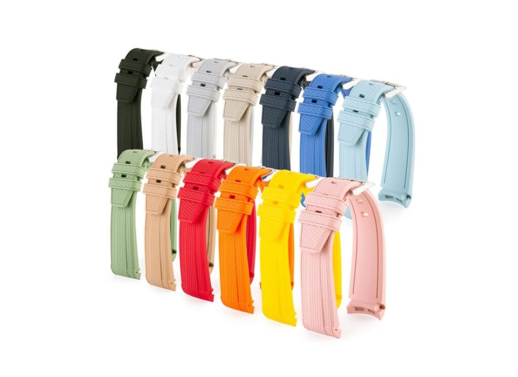 moonswatch-omega-x-swatch-bracelet-montre-integre-caoutchouc-rubber-uni-bleu-vert-rouge