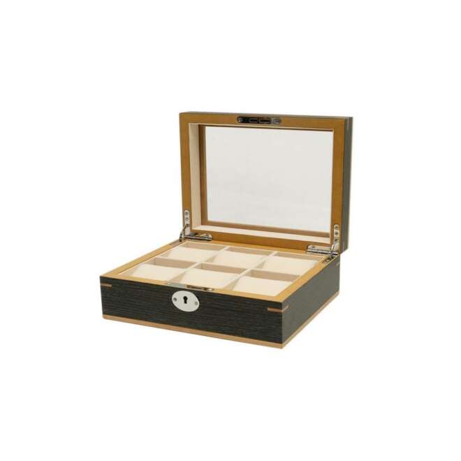 Clipperton 6-Watch Box in Grey Wood with Glass Lid by Kronokeeper