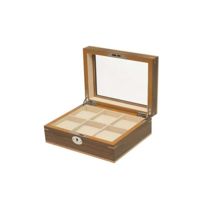 Clipperton 6-watch box in brown wood with glass lid